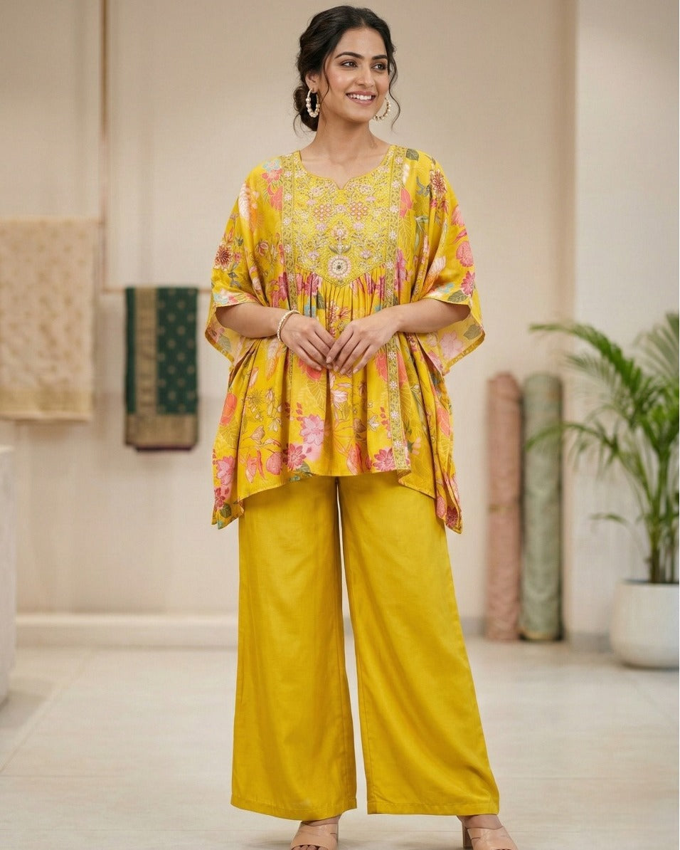 Sunshine Bloom Embroidered Kaftan Co-Ord Set