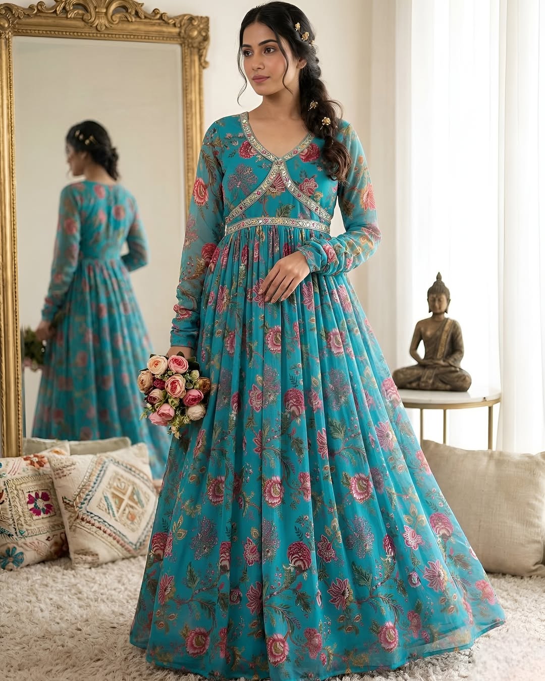 Teal Blossom Embroidered Anarkali Dress