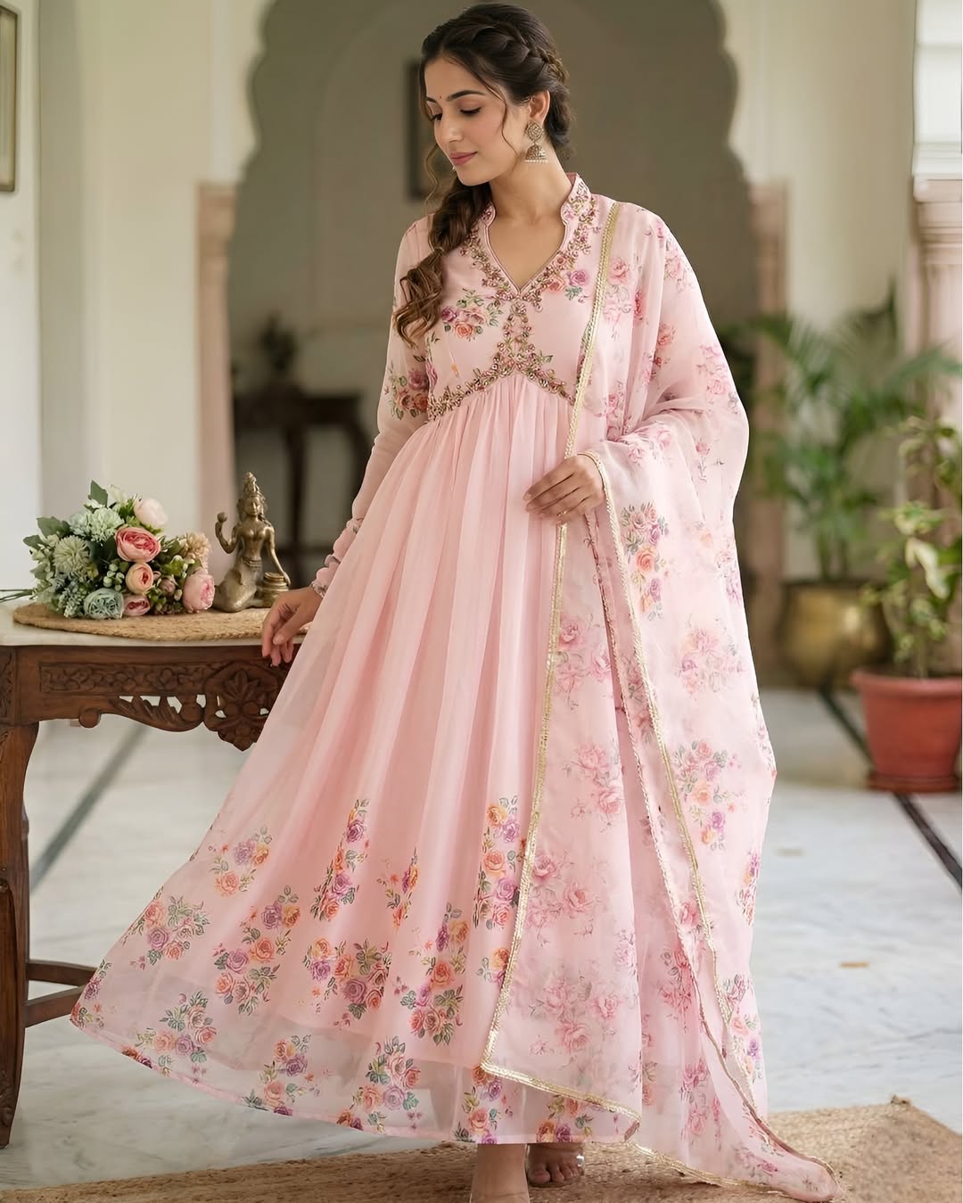 Blush Pink Floral Embroidered Anarkali Suit Set with Dupatta