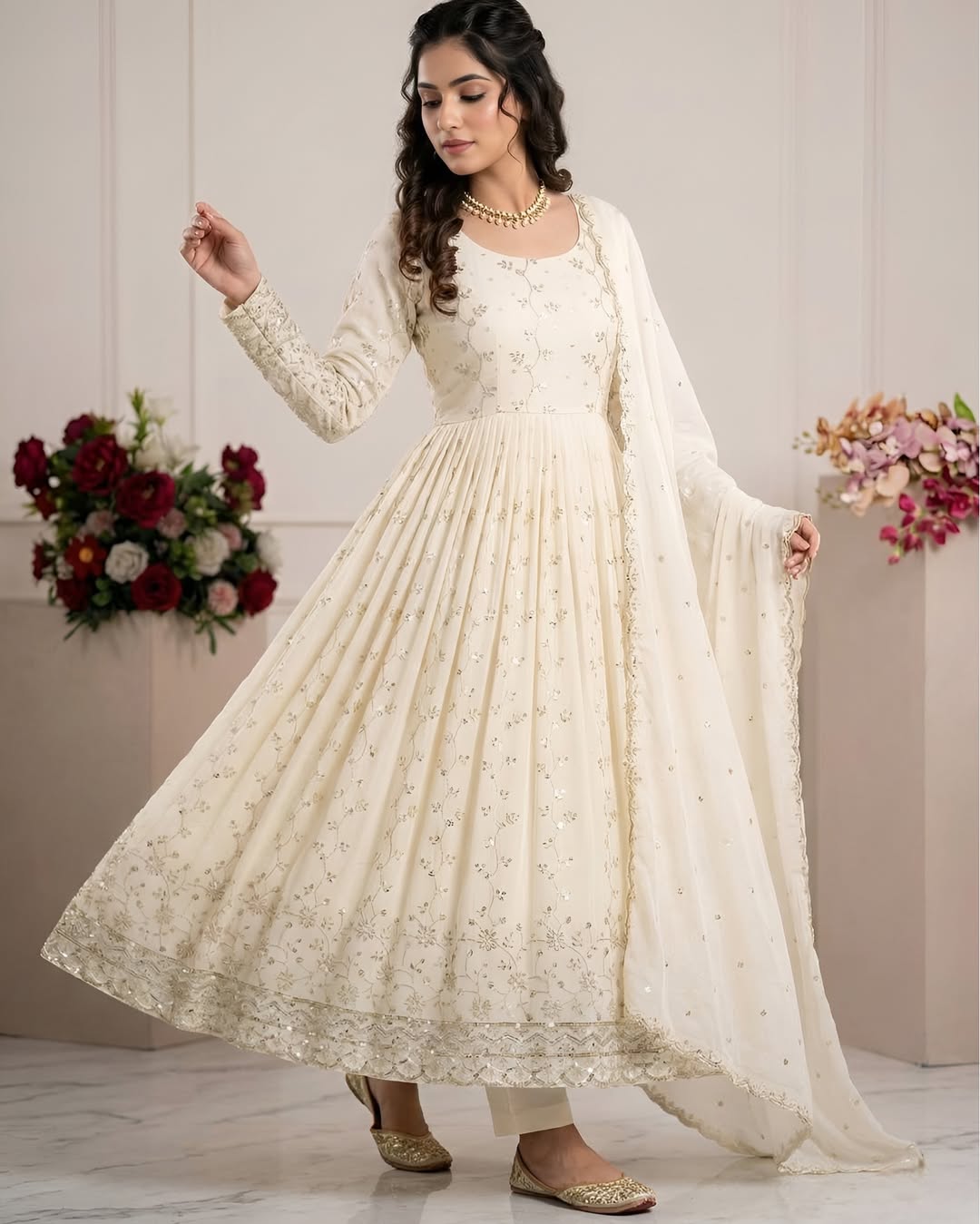 Ivory Elegance Embroidered Anarkali Set with Dupatta