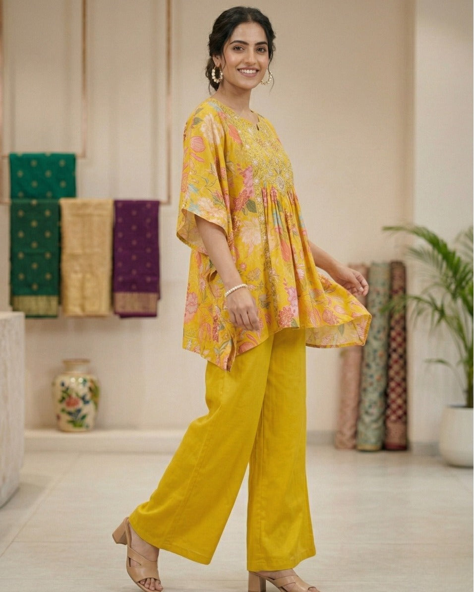 Sunshine Bloom Embroidered Kaftan Co-Ord Set