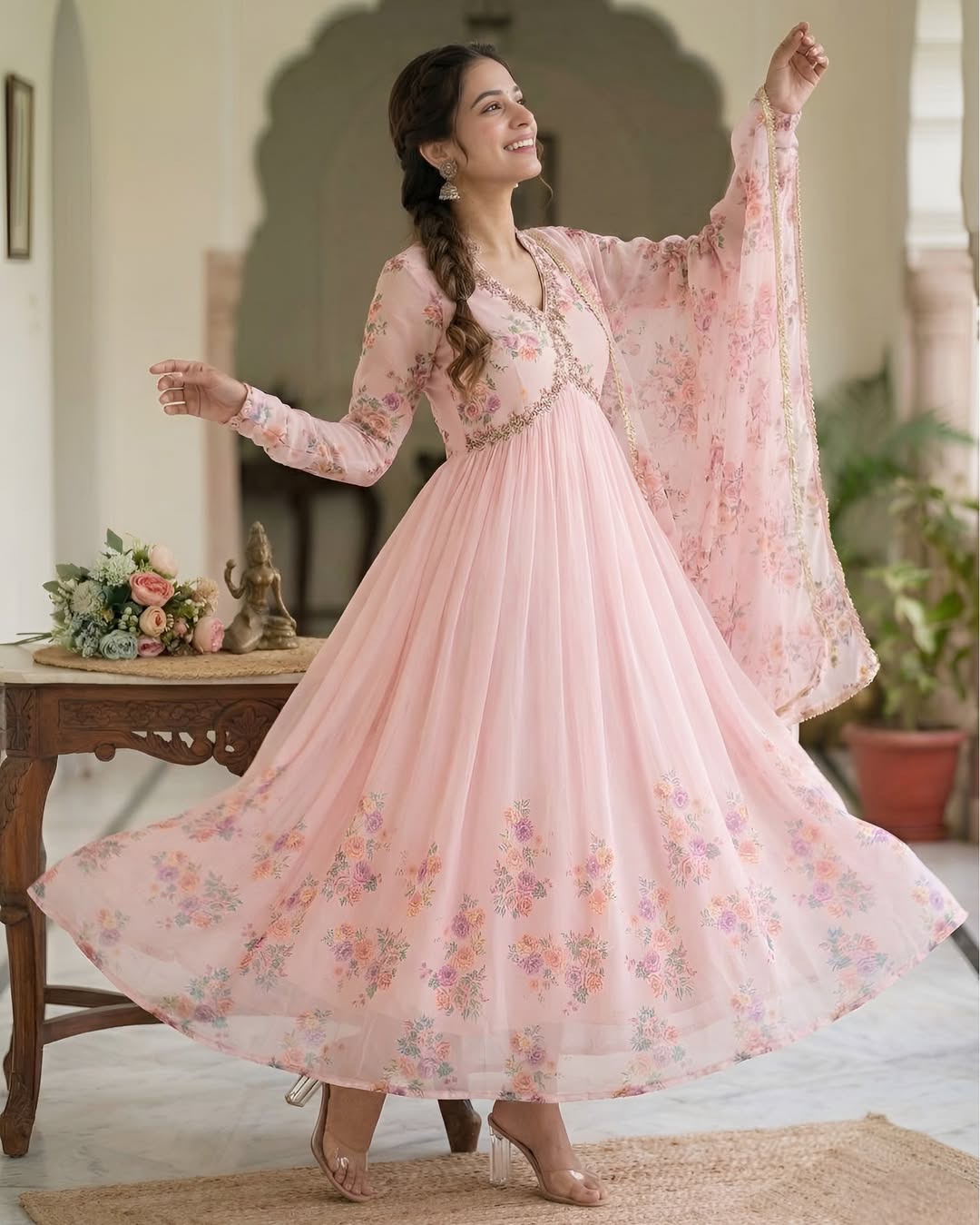 Blush Pink Floral Embroidered Anarkali Suit Set with Dupatta