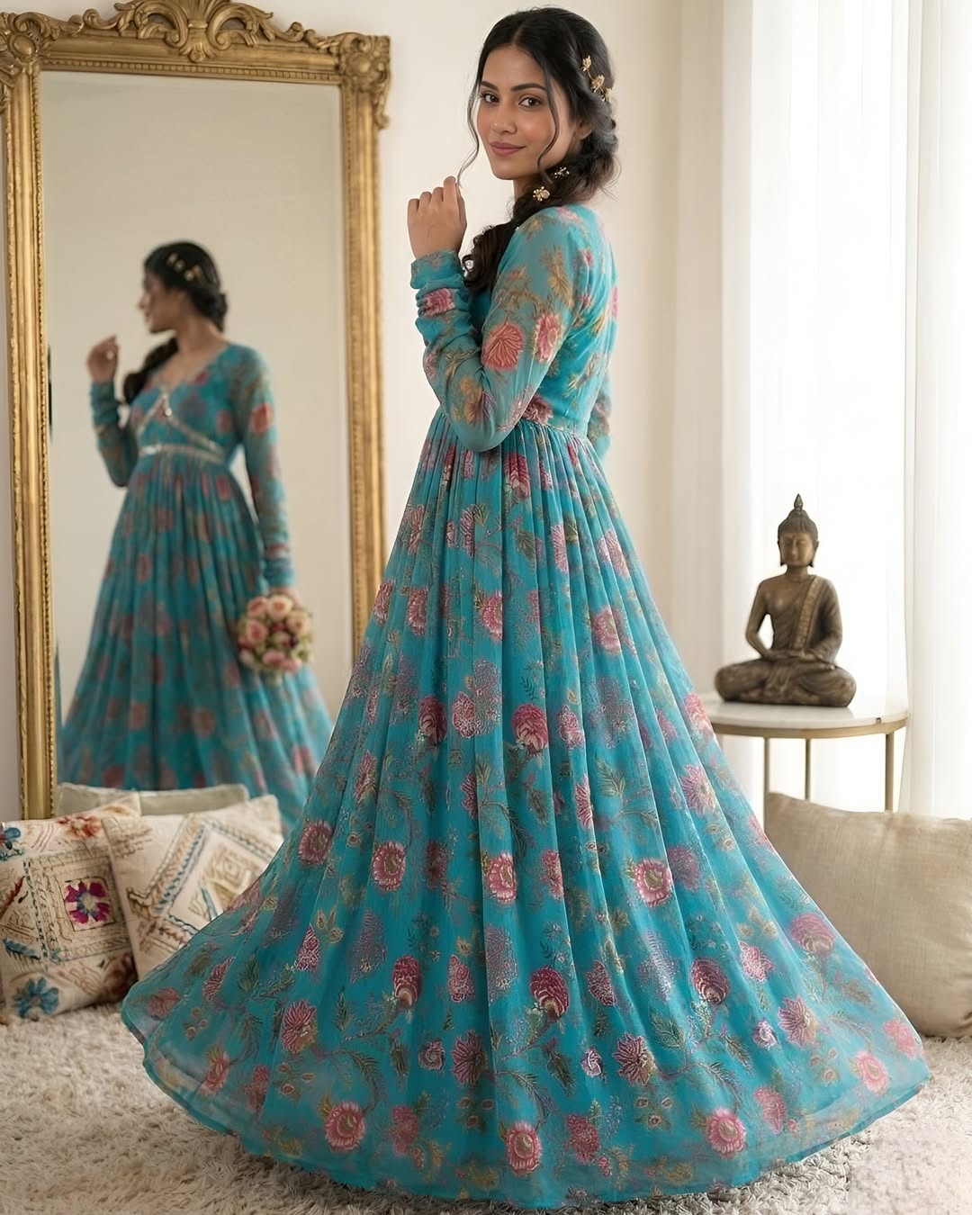 Teal Blossom Embroidered Anarkali Dress