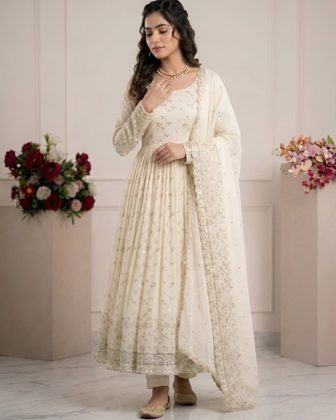 Ivory Elegance Embroidered Anarkali Set with Dupatta