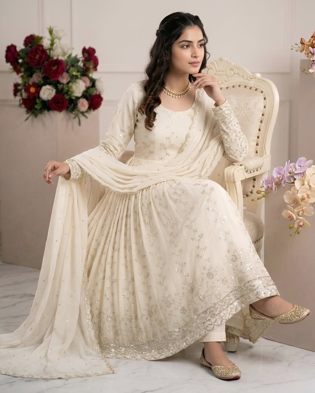 Ivory Elegance Embroidered Anarkali Set with Dupatta