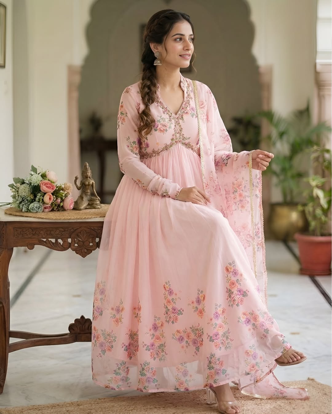 Blush Pink Floral Embroidered Anarkali Suit Set with Dupatta