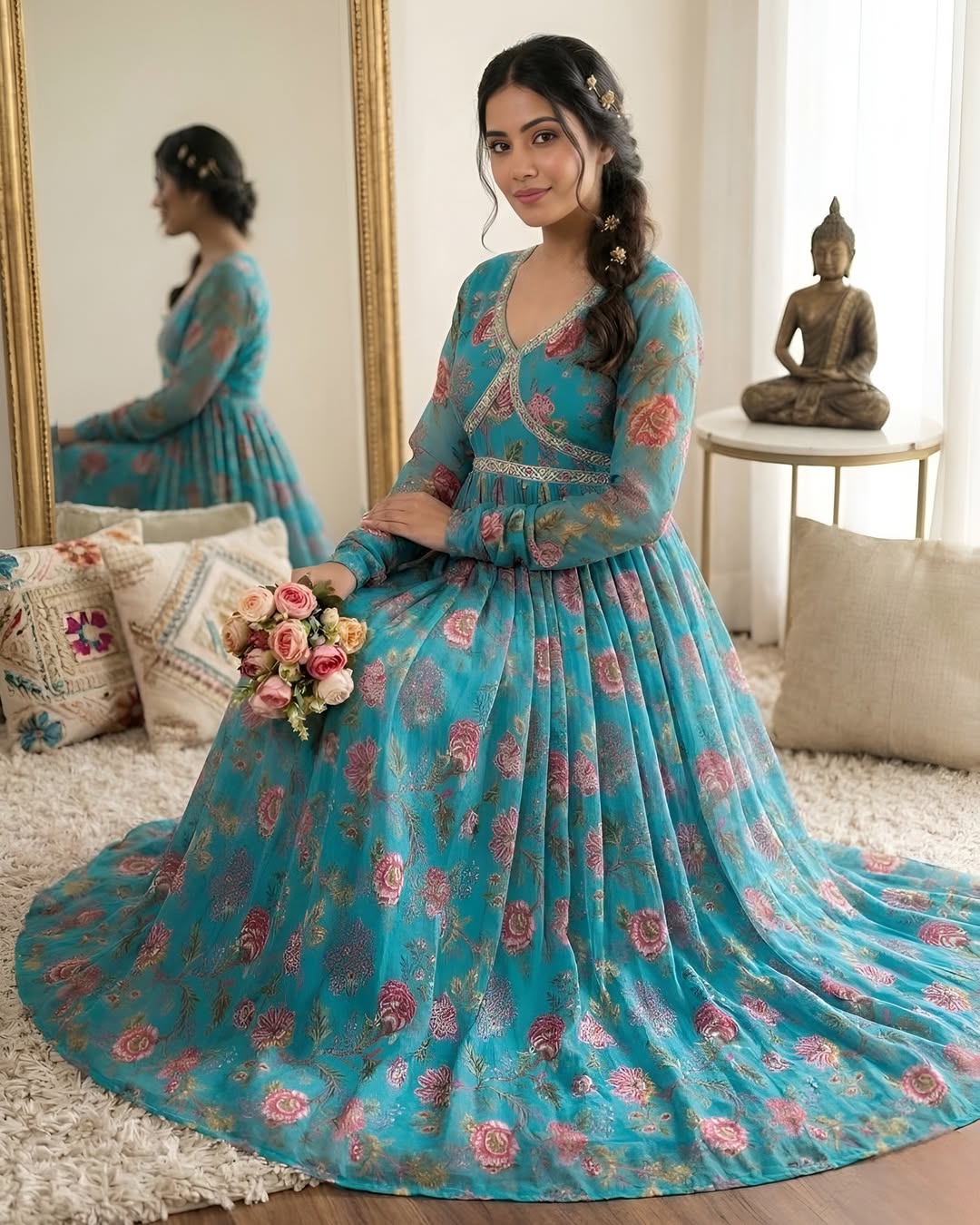 Teal Blossom Embroidered Anarkali Dress