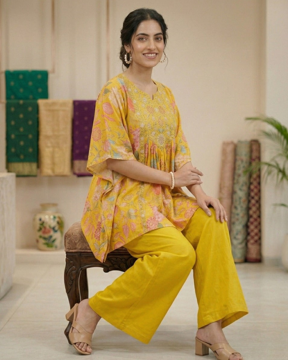 Sunshine Bloom Embroidered Kaftan Co-Ord Set