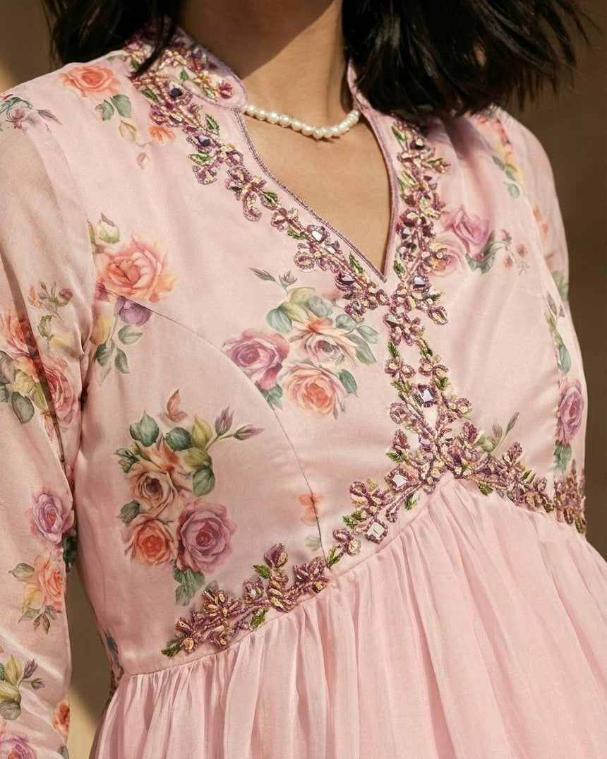 Blush Pink Floral Embroidered Anarkali Suit Set with Dupatta