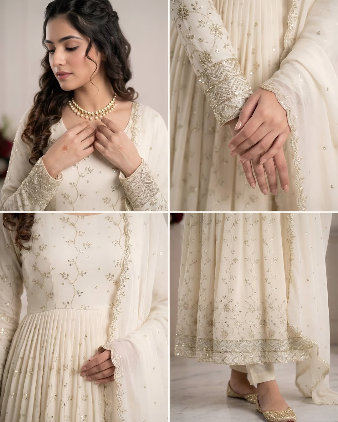Ivory Elegance Embroidered Anarkali Set with Dupatta