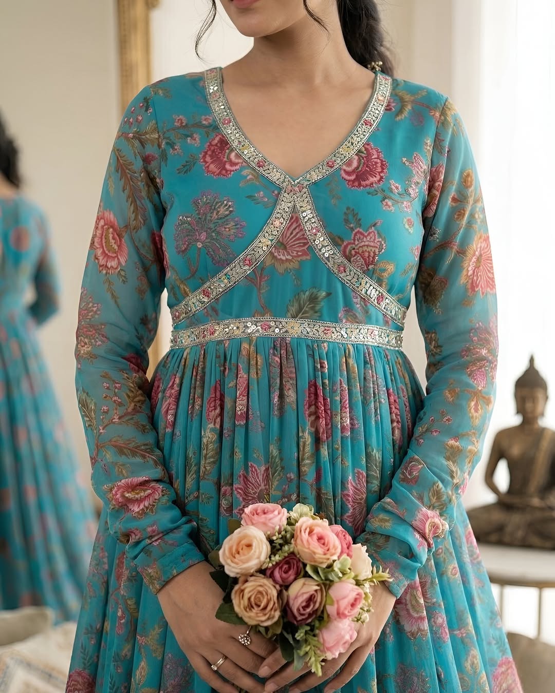 Teal Blossom Embroidered Anarkali Dress