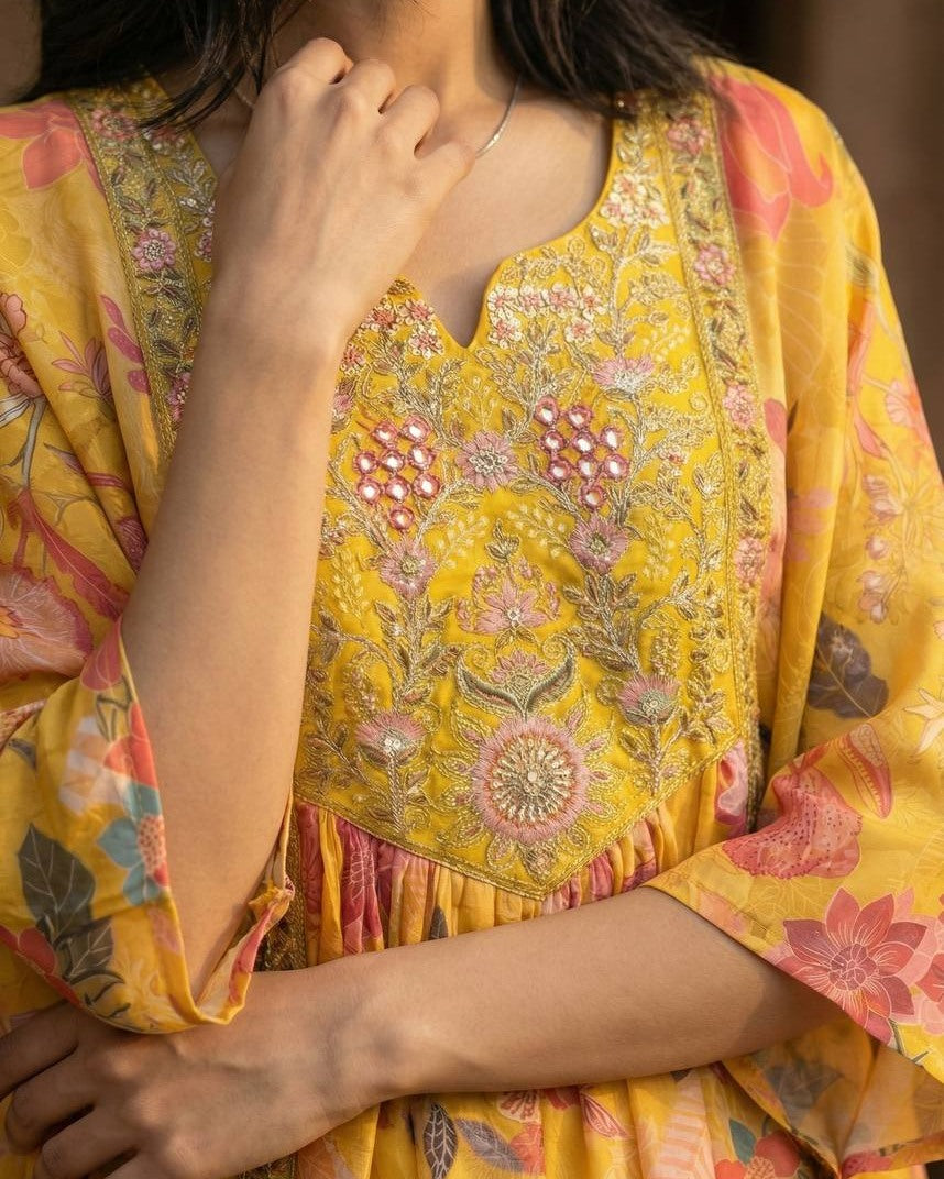 Sunshine Bloom Embroidered Kaftan Co-Ord Set