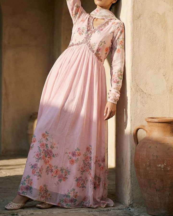 Blush Pink Floral Embroidered Anarkali Suit Set with Dupatta